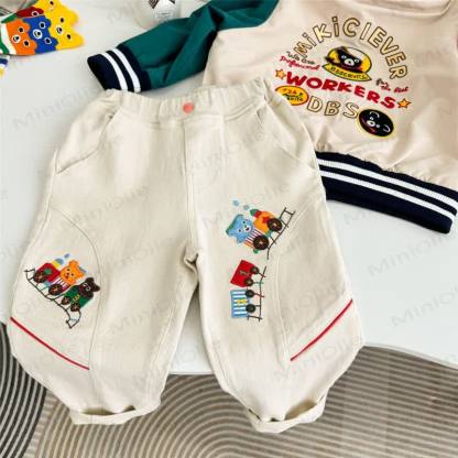 Toddler Boys Beige Playful Train Patch Elastic Waist Pants - image 1