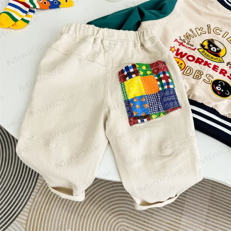 Toddler Boys Beige Playful Train Patch Elastic Waist Pants - image 5