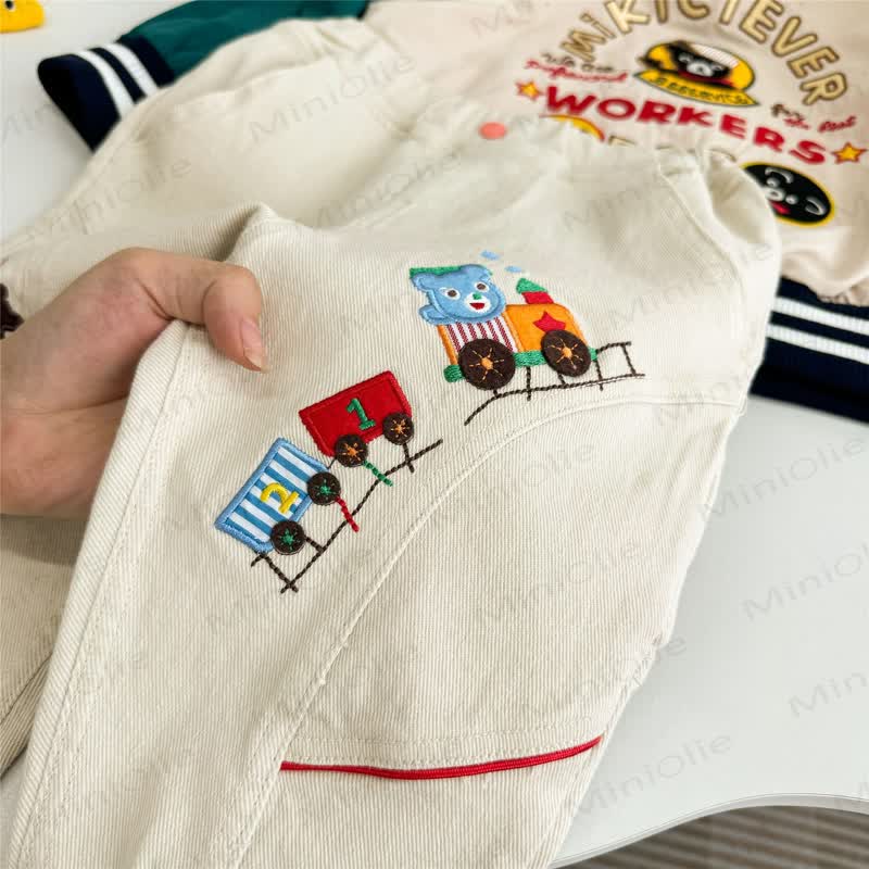 Toddler Boys Beige Playful Train Patch Elastic Waist Pants - image 4