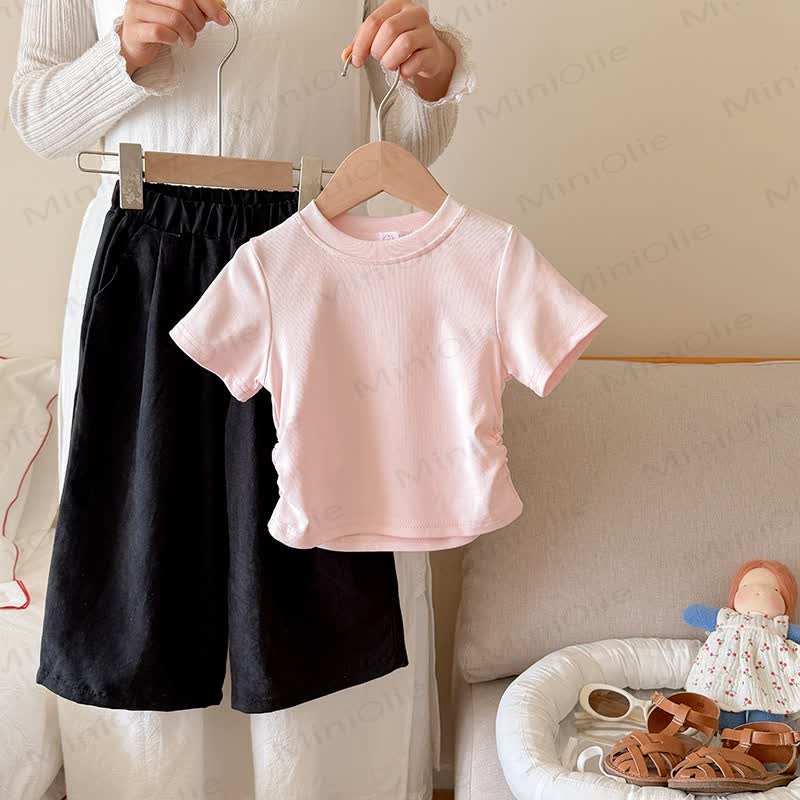 Toddler Kid Girls Ribbed Tee and Pants 2-piece Set - Pink&Black - 10-11T - image 2