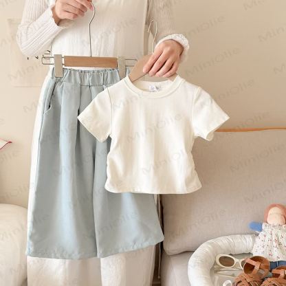 Toddler Kid Girls Ribbed Tee and Pants 2-piece Set - Beige&Blue - 10-11T - image 5