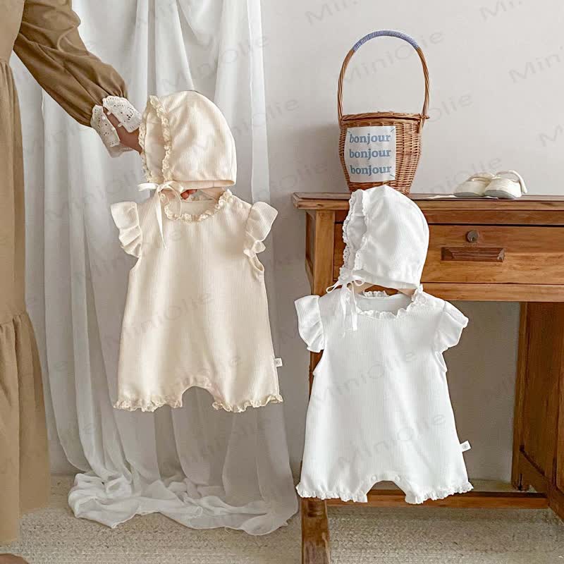 Baby Waffle Solid Color Romper with Bonnet - image 2