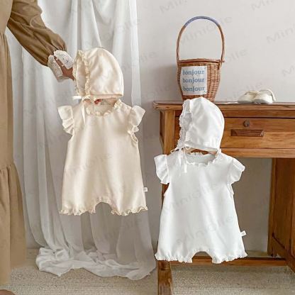 Baby Waffle Solid Color Romper with Bonnet - image 2