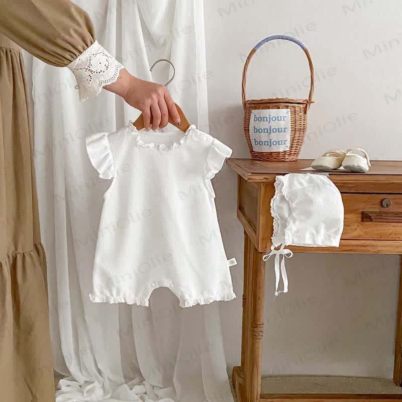 Baby Waffle Solid Color Romper with Bonnet - White - 18-24M - image 3