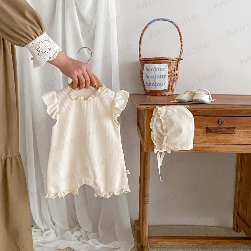 Baby Waffle Solid Color Romper with Bonnet - Beige - 18-24M - image 9
