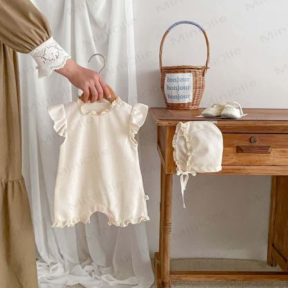 Baby Waffle Solid Color Romper with Bonnet - Beige - 18-24M - image 9