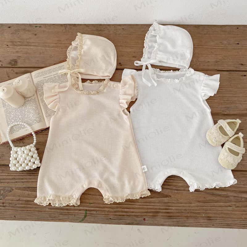 Baby Waffle Solid Color Romper with Bonnet - image 1