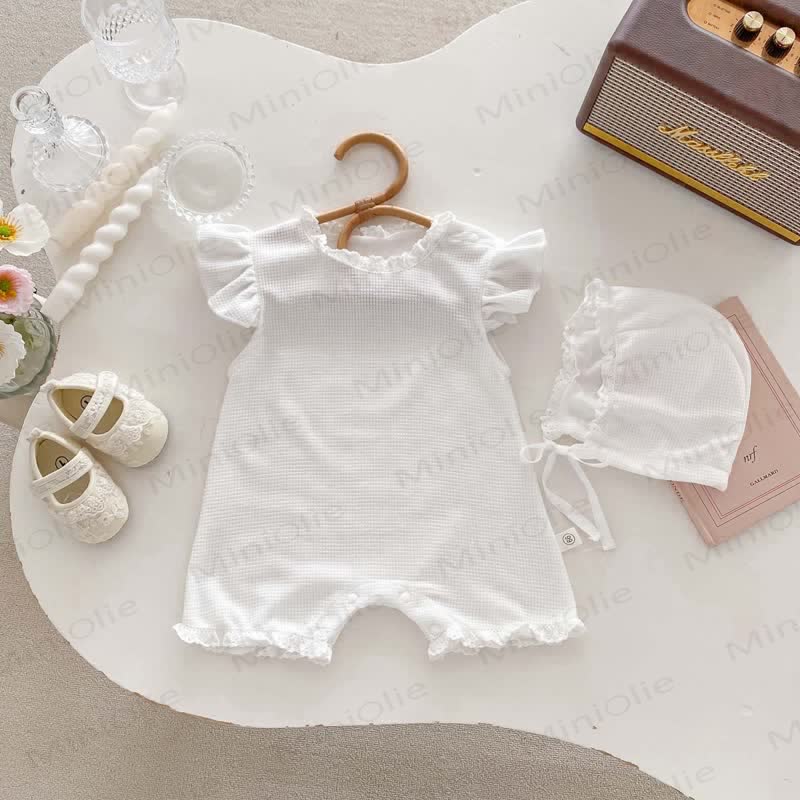 Baby Waffle Solid Color Romper with Bonnet - image 4