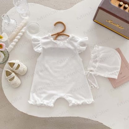 Baby Waffle Solid Color Romper with Bonnet - image 4