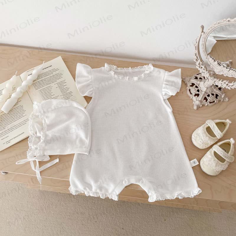 Baby Waffle Solid Color Romper with Bonnet - image 5