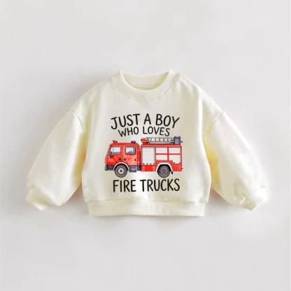 JUST A BOY WHO LOVES FIRE TRUCKS Baby Toddler Cream Sweatshirt - Cream - 3-5T - image 1