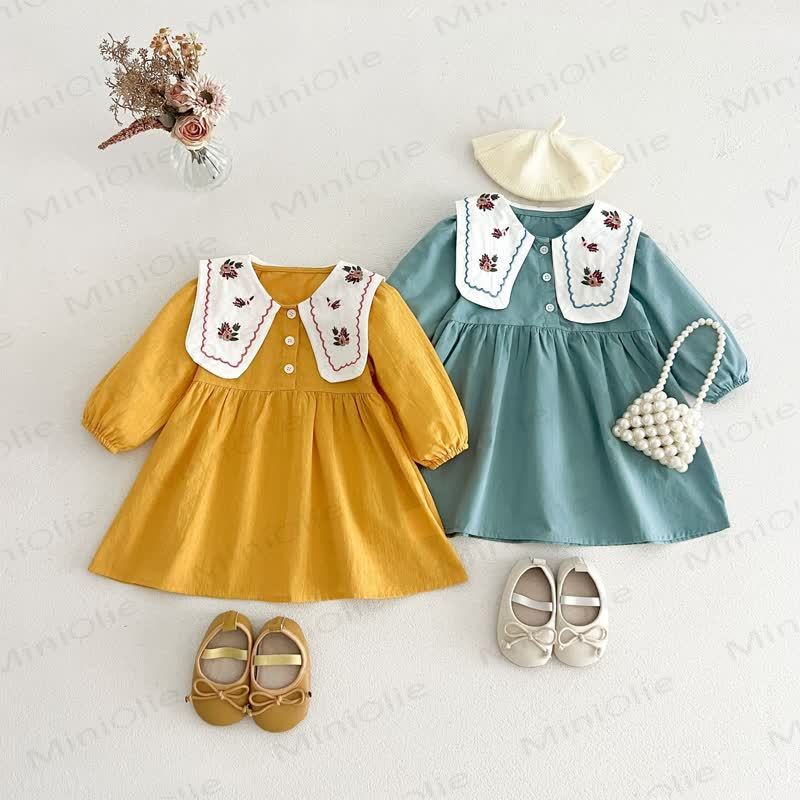 Little Girl Vintage Embroidered Collar Long Sleeve Dress - image 1