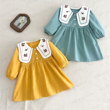Little Girl Vintage Embroidered Collar Long Sleeve Dress - image 2