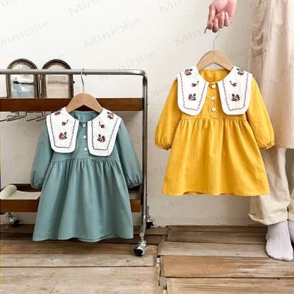 Little Girl Vintage Embroidered Collar Long Sleeve Dress - image 3