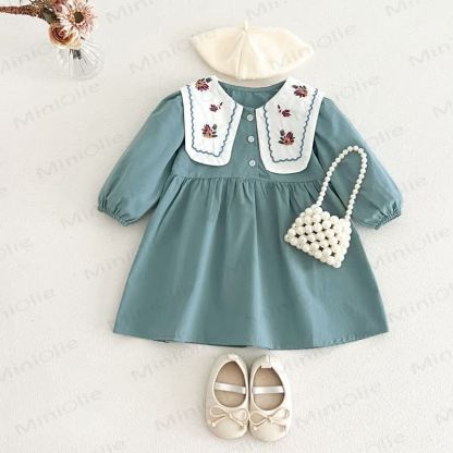 Little Girl Vintage Embroidered Collar Long Sleeve Dress - Blue - 6-7T - image 5