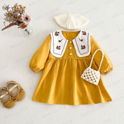 Little Girl Vintage Embroidered Collar Long Sleeve Dress - Yellow - 6-7T - image 7
