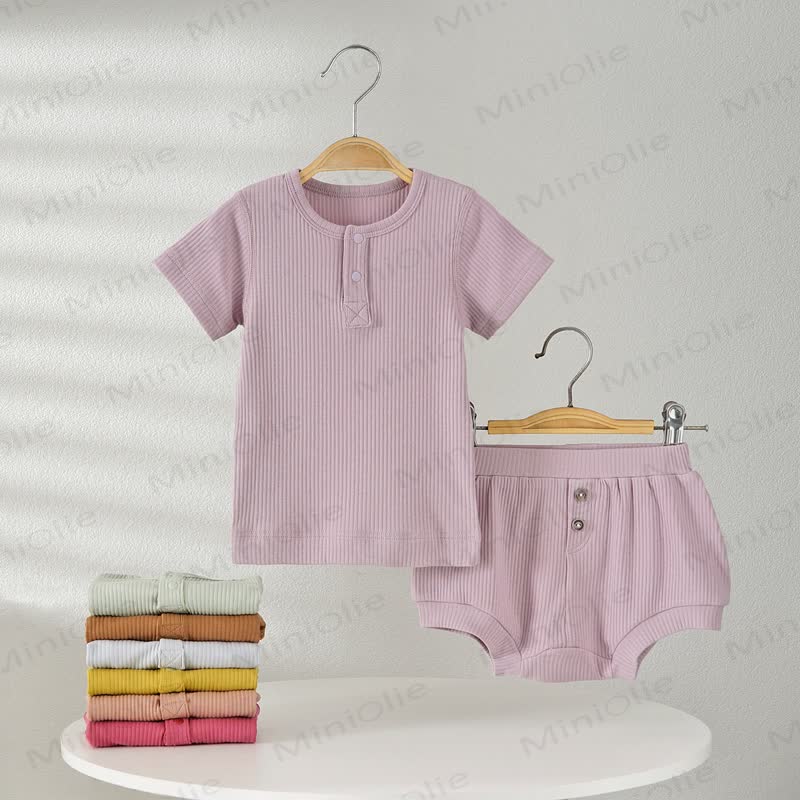 Baby Solid Color Ribbed Tee and Shorts 2-piece Pyjama Set - image 1