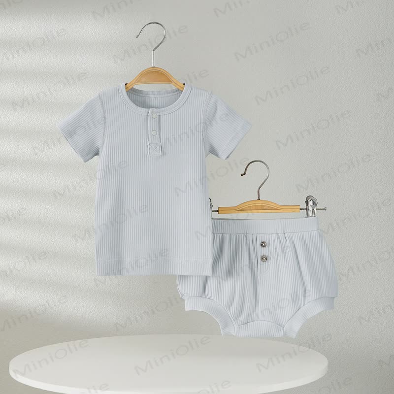 Baby Solid Color Ribbed Tee and Shorts 2-piece Pyjama Set - Blue - 2-3T - image 2