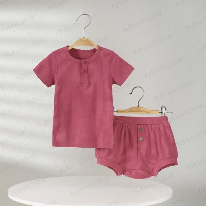 Baby Solid Color Ribbed Tee and Shorts 2-piece Pyjama Set - Pink - 2-3T - image 4