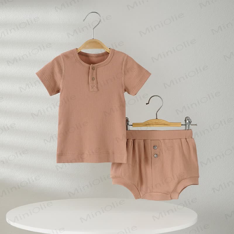 Baby Solid Color Ribbed Tee and Shorts 2-piece Pyjama Set - Khaki - 2-3T - image 8