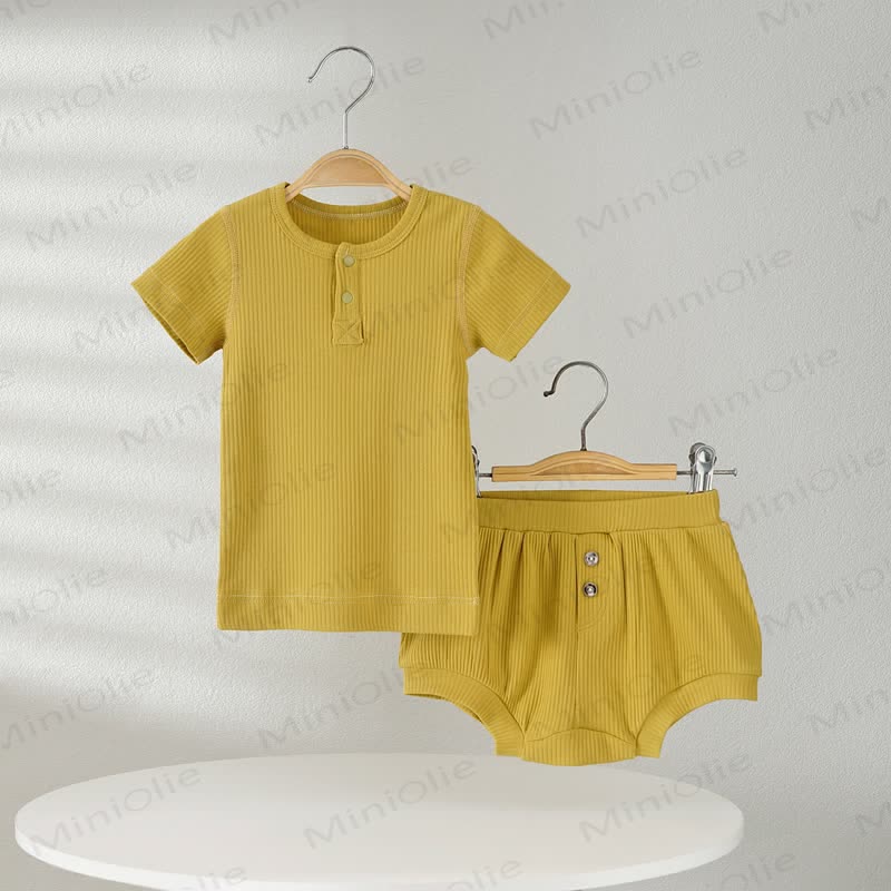 Baby Solid Color Ribbed Tee and Shorts 2-piece Pyjama Set - Yellow - 2-3T - image 3