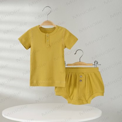 Baby Solid Color Ribbed Tee and Shorts 2-piece Pyjama Set - Yellow - 2-3T - image 3