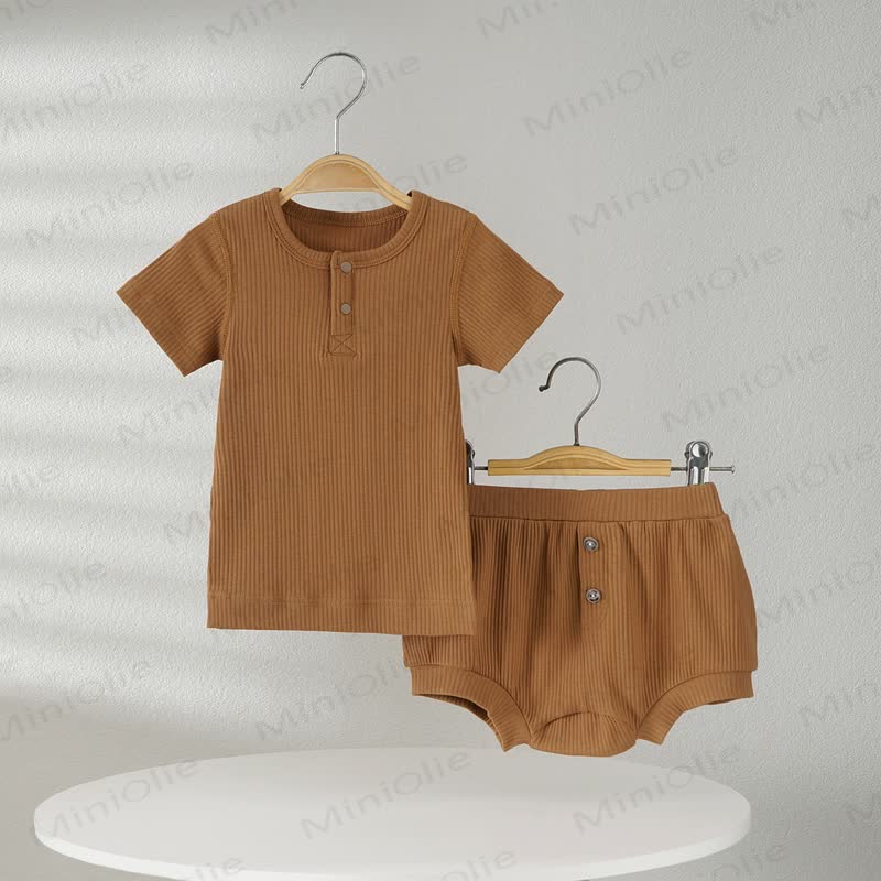 Baby Solid Color Ribbed Tee and Shorts 2-piece Pyjama Set - Brown - 2-3T - image 5