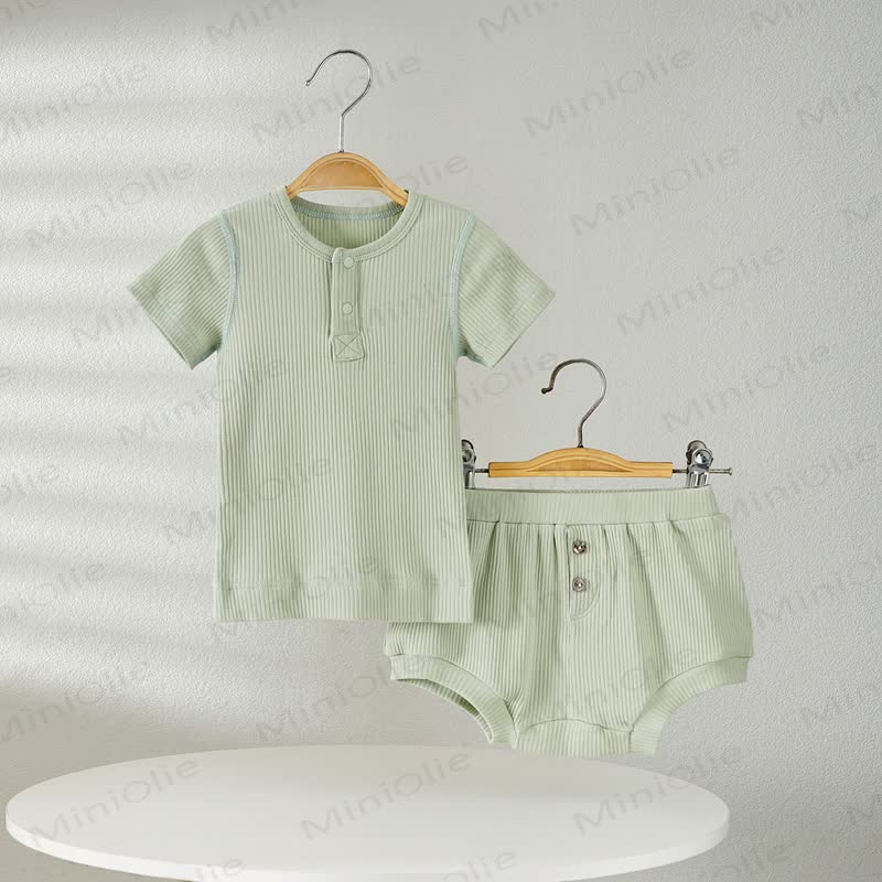 Baby Solid Color Ribbed Tee and Shorts 2-piece Pyjama Set - Green - 2-3T - image 7