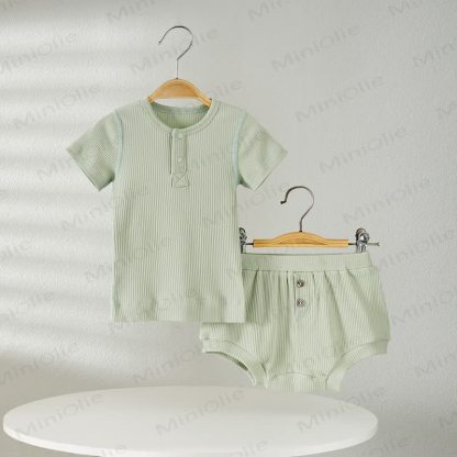 Baby Solid Color Ribbed Tee and Shorts 2-piece Pyjama Set - Green - 2-3T - image 7