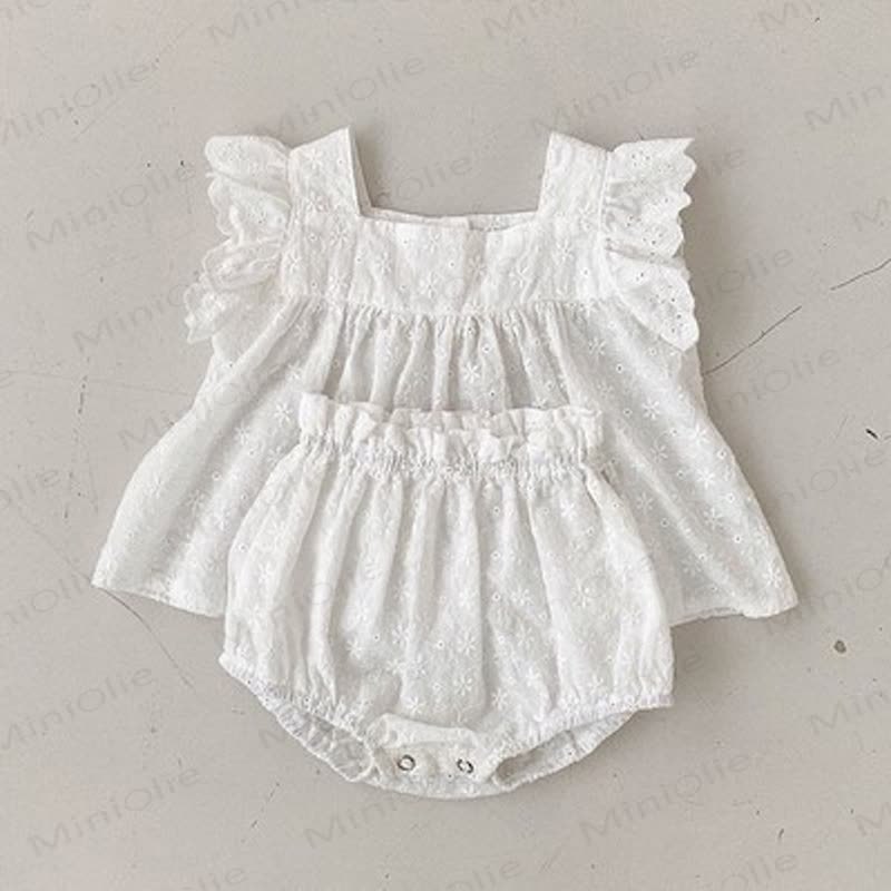 Baby Girl Solid Color Eyelet Sleeveless Top and Bloomer Shorts 2-piece Set - White - 2-3T - image 2