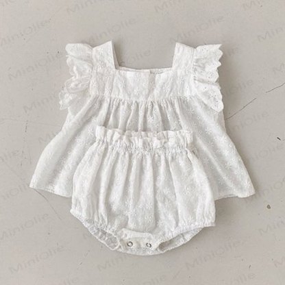Baby Girl Solid Color Eyelet Sleeveless Top and Bloomer Shorts 2-piece Set - White - 2-3T - image 2