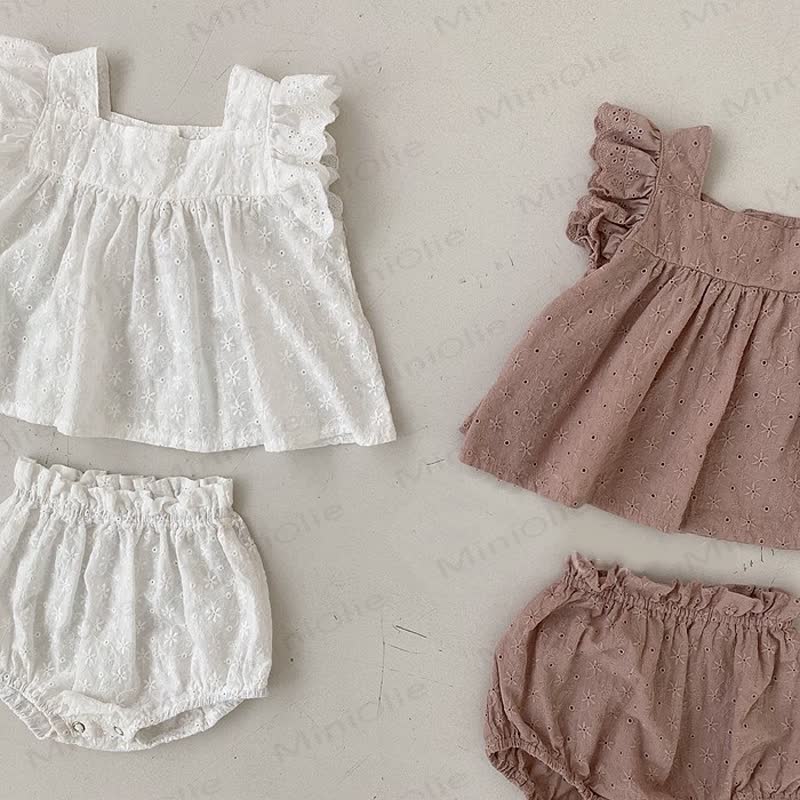 Baby Girl Solid Color Eyelet Sleeveless Top and Bloomer Shorts 2-piece Set - image 6