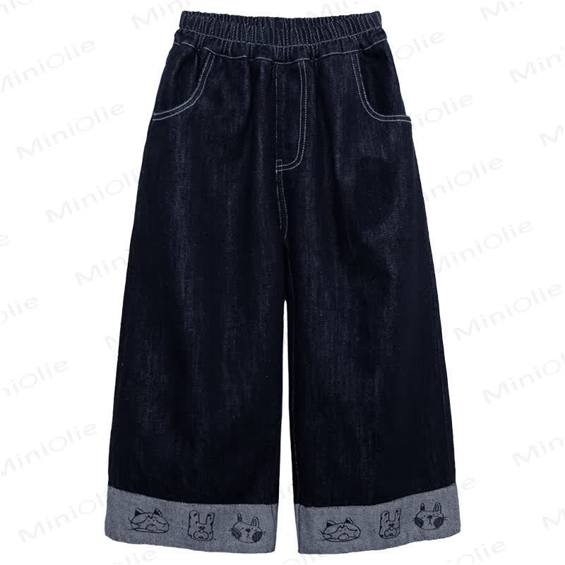 Toddler Girl Animal Embroidered Wide Leg Denim Pants - Navy - 8-9T - image 2