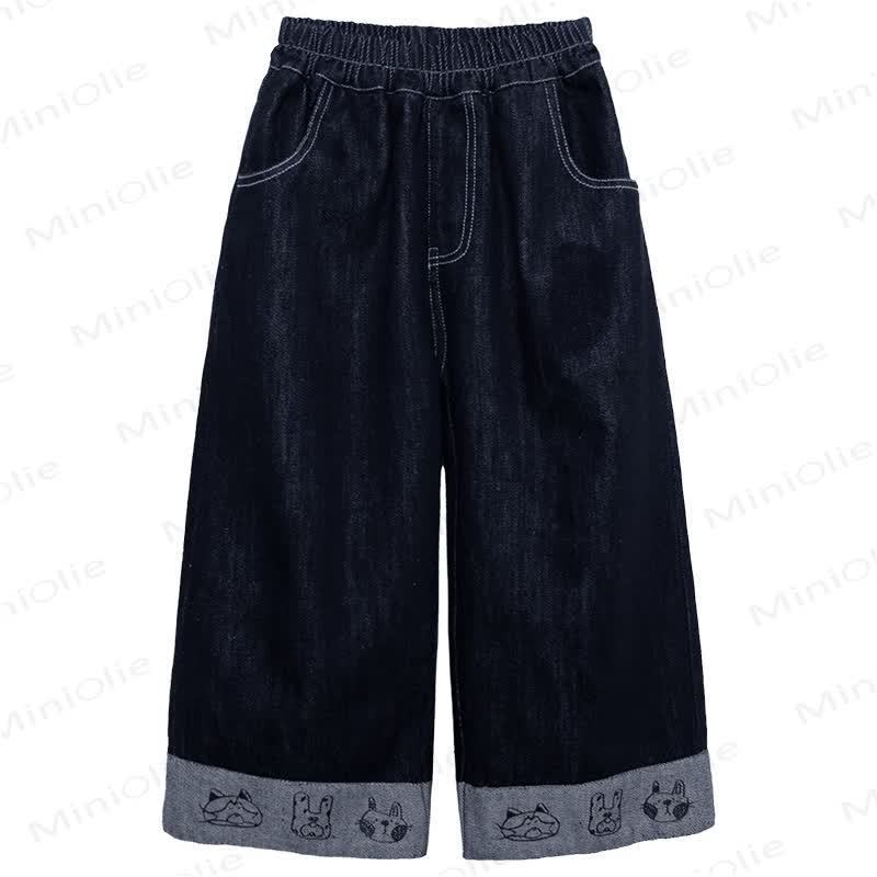 Toddler Girl Animal Embroidered Wide Leg Denim Pants - Navy - 8-9T - image 2