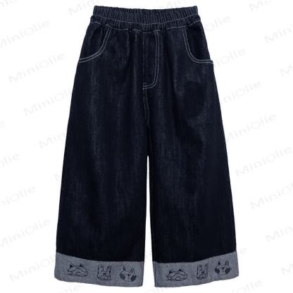 Toddler Girl Animal Embroidered Wide Leg Denim Pants - Navy - 8-9T - image 2