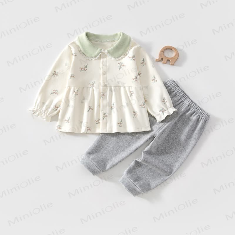 Baby Toddler Floral Peter Pan Collar Cozy Top and Pants 2-piece Set - Green - 2-3T - image 8