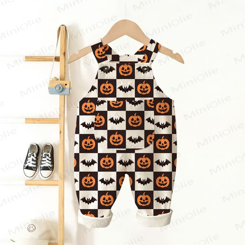 Baby Toddler Pumpkin Bat Black White Checkerboard Print Beige Overalls - Beige - 3-5T - image 1
