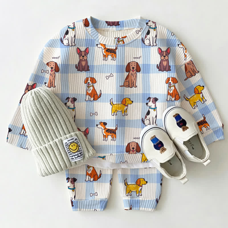WOOF! Baby Dog Print Blue Plaid Waffle 2-piece Set - White - 2-3T - image 1