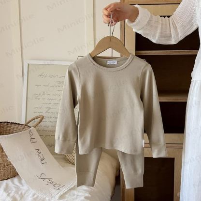 Toddler Solid Color Crew Neck Top and Pants Pajama 2-piece Set - Beige - 10-11T - image 5
