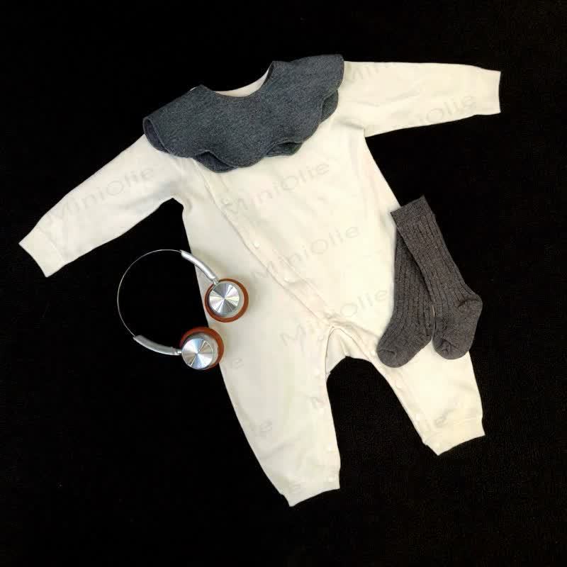 Baby Solid Color Side Snap Thickened Romper - Beige - 8-12M - image 2