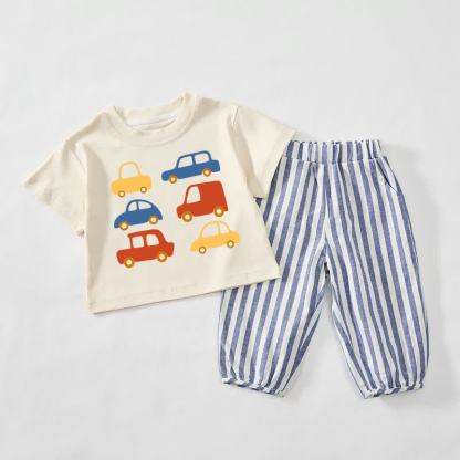 Baby Toddler Car Print Beige&Blue Vertical Striped 2-piece Set - Beige&Blue - 3-4T - image 1