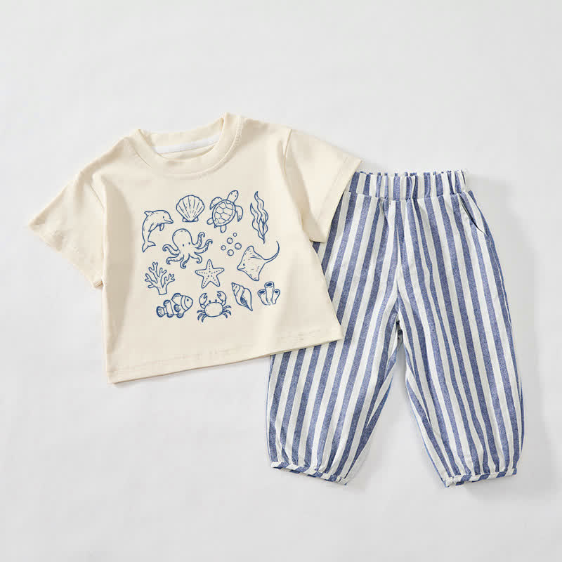 Baby Toddler Marine Animal Beige&Blue Vertical Striped 2-piece Set - Beige&Blue - 3-4T - image 1