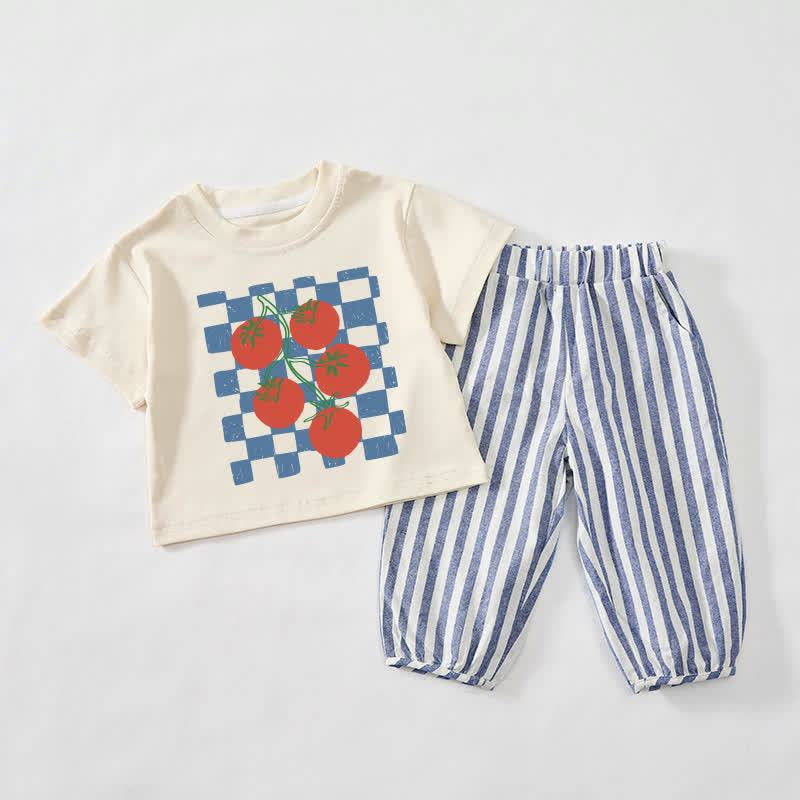 Baby Toddler Checkered Tomato Beige&Blue Vertical Striped 2-piece Set - Beige&Blue - 3-4T - image 1
