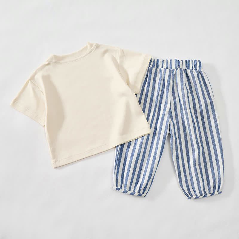 Baby Toddler Car Print Beige&Blue Vertical Striped 2-piece Set - image 2