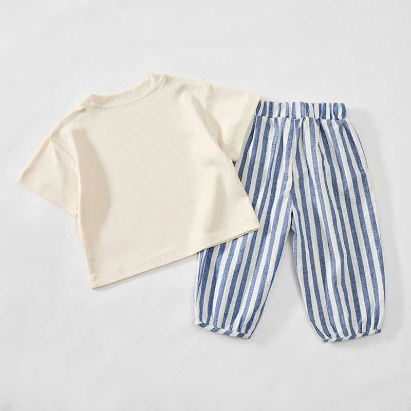 Baby Toddler Car Print Beige&Blue Vertical Striped 2-piece Set - image 2