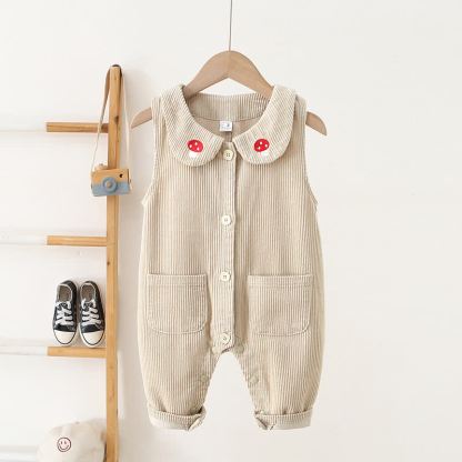 Baby Toddler Girls Mushroom Corduroy Peter Pan Collar Overalls - Beige - 3-4T - image 2
