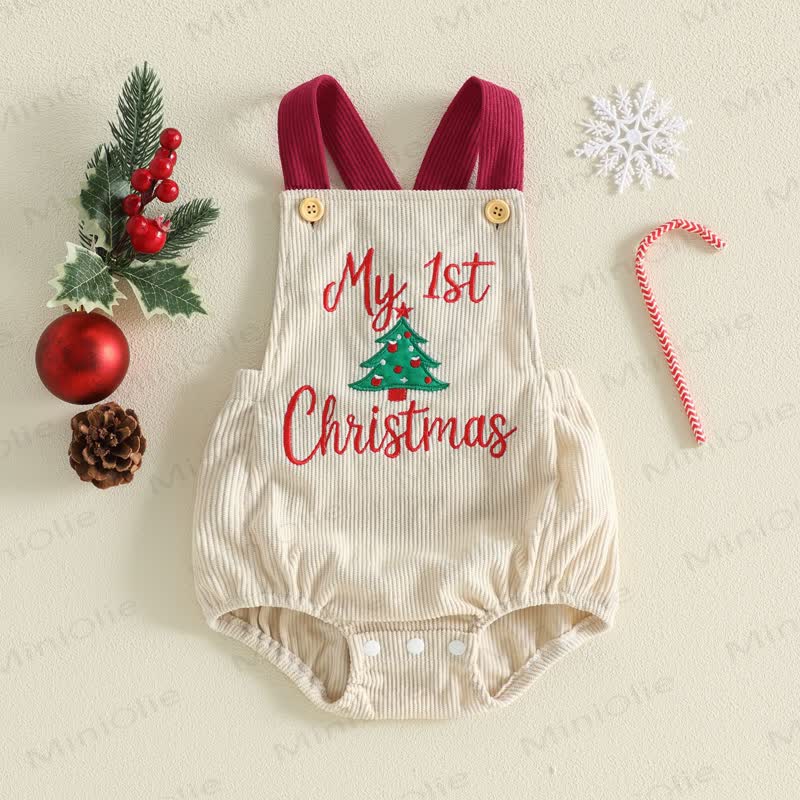 MY 1ST CHRISTMAS Baby Embroidered Suspender Bodysuit - Christmas Tree - 12-18M - image 1
