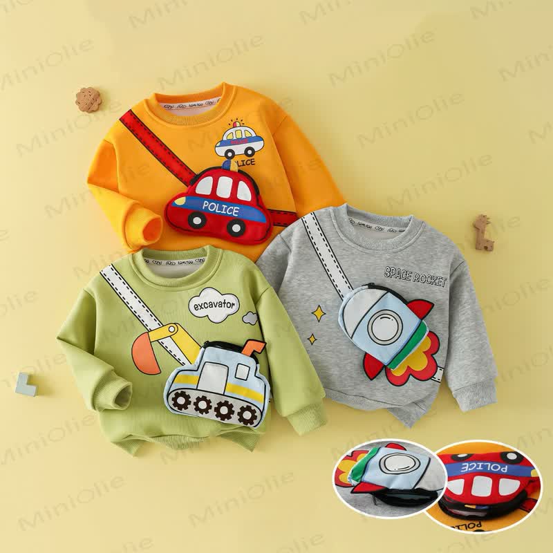 Toddler Kid Sweatshirt with 3D Vehicle Applique Zipper Bag - image 1
