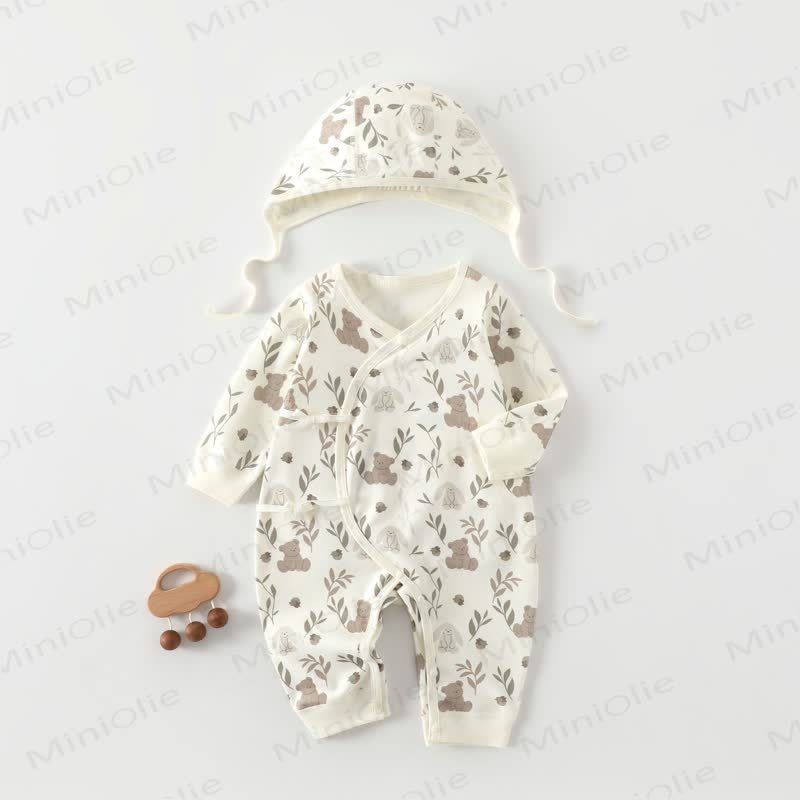 Baby Soft Cotton Cartoon Romper - Beige Bear - 3-6M - image 1