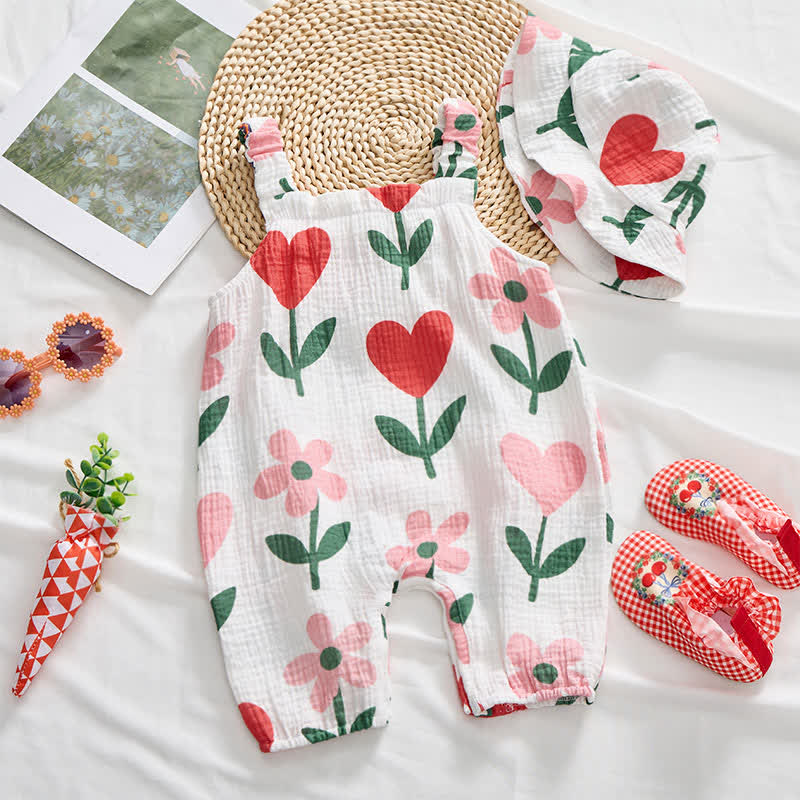 Baby Flower Heart Print White Romper with Hat - image 2